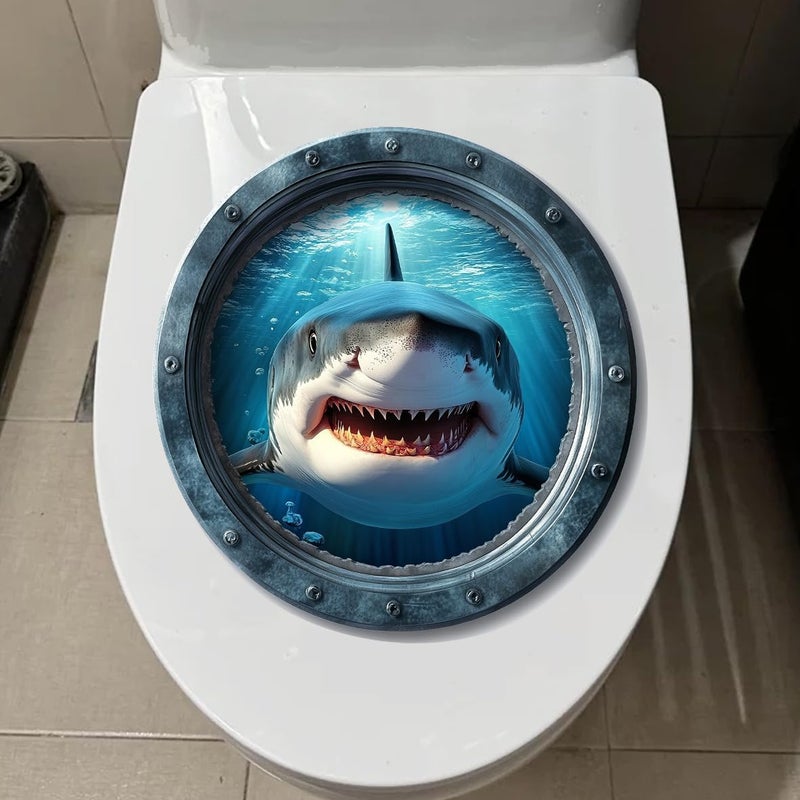 Iprokiu Funny Animal Toilet Seat Cover Sticker Waterproof Shark Dolphin Toilet Seat Lid Decal 3D Bathroom Decoration Turtle Dinosaur Wall Sticker (Shark) - Image 1
